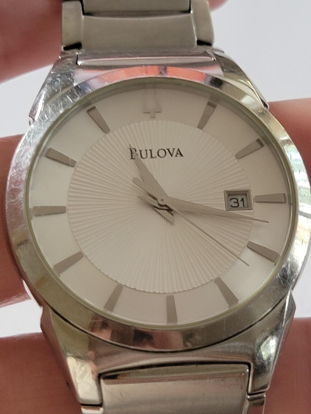 Bulova Mens Watch White Dial Silver Tone Case Stainless Bracelet Date Dress